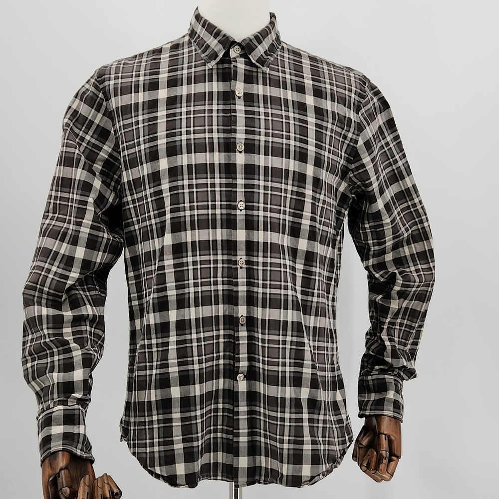 John Varvatos USA Mens Luxury Plaid Shirt Long Sleeve Black White Gray L